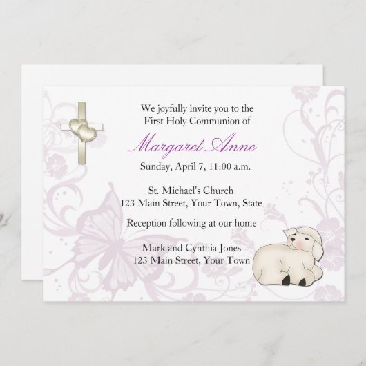 ベビーの子ヒツジの紫色の宗教招待状 招待状 (正面/裏面)