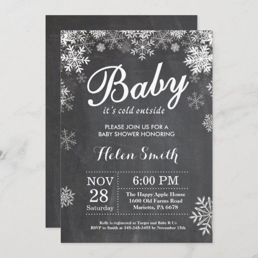 ベビーの寒い外の冬の赤ちゃんシャワー 招待状 (正面/裏面)