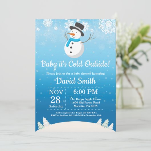 ベビーの寒い外の冬の雪だるまのベビーシャワー 招待状 (スタンド正面)