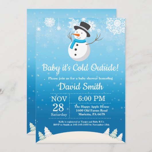 ベビーの寒い外の冬の雪だるまのベビーシャワー 招待状 (正面/裏面)