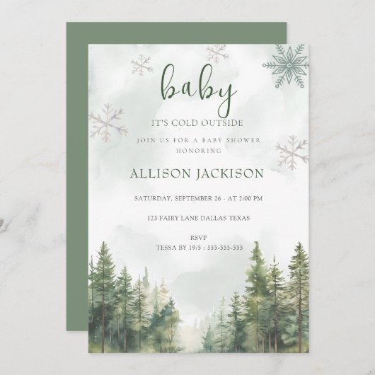ベビーの寒さ冬の山の赤ちゃんシャワー 招待状 (正面/裏面)
