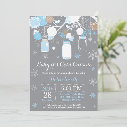 ベビーの寒さ、冬のメイソン・ジャー・ベビー・シャワー 招待状 (スタンド正面)