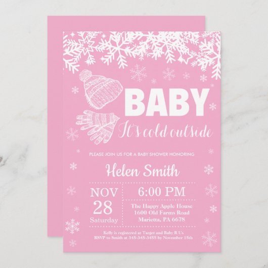 ベビーの寒さ、冬の女の子のベビーシャワー 招待状 (正面/裏面)