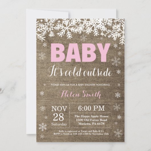 ベビーの寒さ、冬の女の子のベビーシャワー 招待状 (正面)