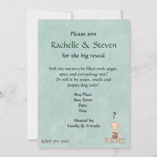 ベビーの性はパーティの招待状を明らかにします 招待状 (裏面)