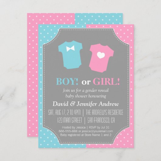 ベビーの性はパーティーの水玉模様を明らかにします 招待状 (正面/裏面)