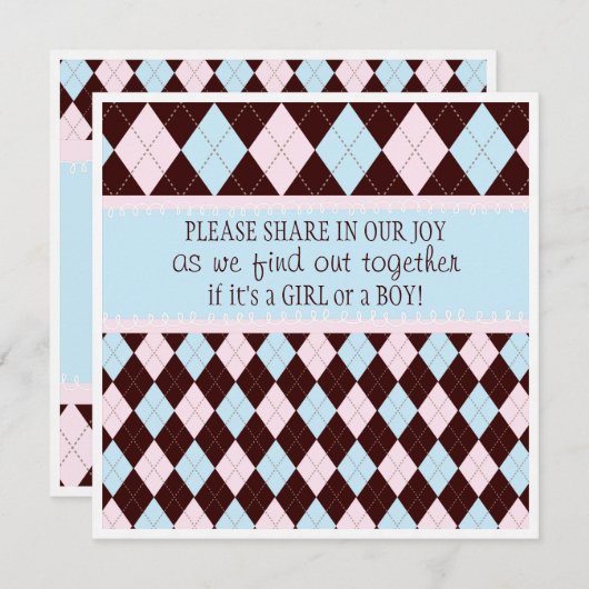 ベビーの性はピンク及び青いアーガイルのパーティーを明らかにします 招待状 (正面/裏面)