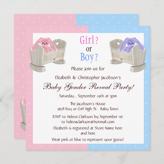 ベビーの性はピンク及び青いバニー及びまぐさ桶を明らかにします 招待状 (正面/裏面)