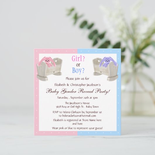 ベビーの性はピンク及び青いバニー及びまぐさ桶を明らかにします 招待状 (スタンド正面)