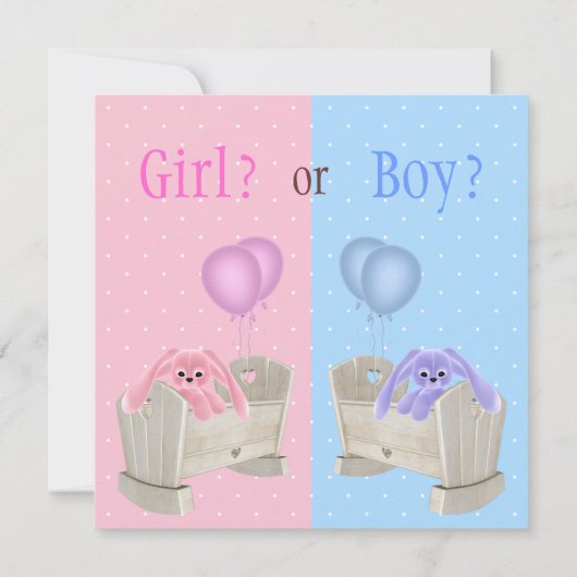 ベビーの性はピンク及び青いバニー及びまぐさ桶を明らかにします 招待状 (裏面)