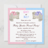 ベビーの性はピンク及び青いバニー及びまぐさ桶を明らかにします 招待状 (正面)