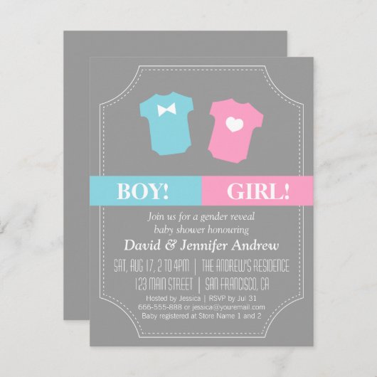 ベビーの性は青く、ピンクパーティーを明らかにします 招待状 (正面/裏面)