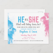 ベビーの性別が煙爆弾を青とピンクのパーティー ポストカード (正面/裏面)