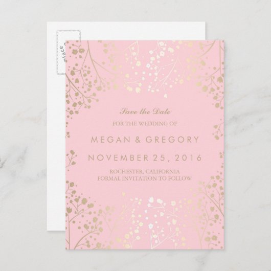 ベビーの息の金ゴールドとピンクは日付を保存 案内ポストカード (正面/裏面)