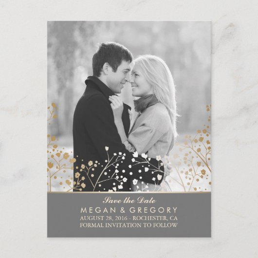 ベビーの息の金ゴールドフォイル写真は日付を保存 案内ポストカード (正面)