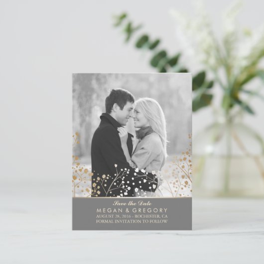 ベビーの息の金ゴールドフォイル写真は日付を保存 案内ポストカード (スタンド正面)