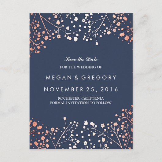 ベビーの息バラ金ゴールドフローラ海軍の日付を保存 案内ポストカード (正面)