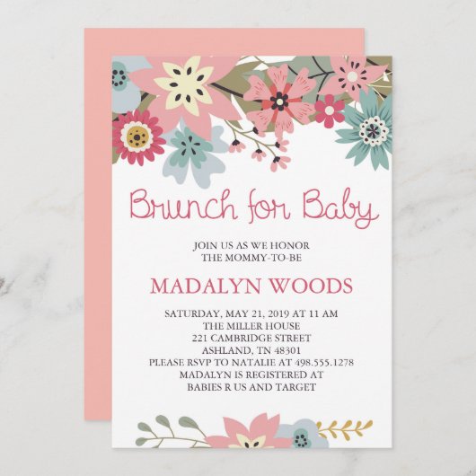 ベビーの招待状のためのピンクおよび青い花のブランチ 招待状 (正面/裏面)