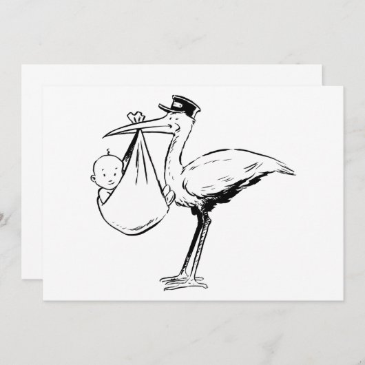 ベビーの招待状を握っているこうのとり 招待状 (正面/裏面)