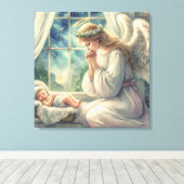 ベビーの揺祈りかごによる守護天使 キャンバスプリント (インサイチュ (ウッドフロア))