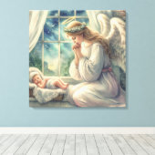 ベビーの揺祈りかごによる守護天使 キャンバスプリント (インサイチュ (ウッドフロア))