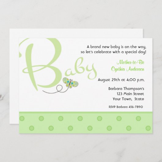 ベビーの文字の緑のベビーシャワーの招待状 招待状 (正面/裏面)