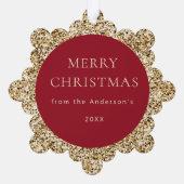 ベビーの最初のクリスマスフォト名赤い金ゴールド挨拶 オーナメントカード (裏面)