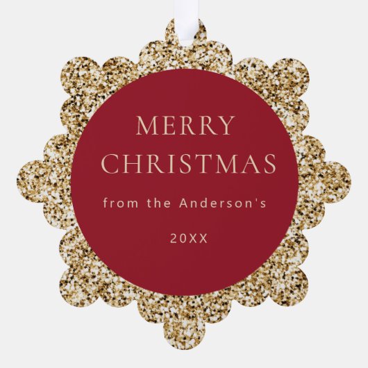 ベビーの最初のクリスマスフォト名赤い金ゴールド挨拶 オーナメントカード (裏面)