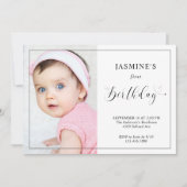 ベビーの最初のバースデエレガントィスクリプトスワッシュ写真 招待状 (正面)