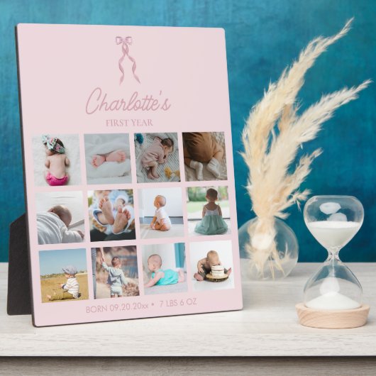 ベビーの最初の年の写真誕生統計ピンクボウ フォトプラーク (側面)