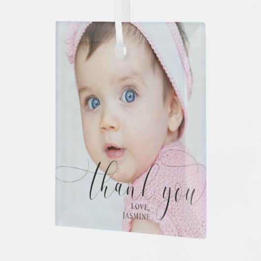 ベビーの最初の誕生日ありがとうエレガントスクリプトスワッシュ ガラスオーナメント (正面左)