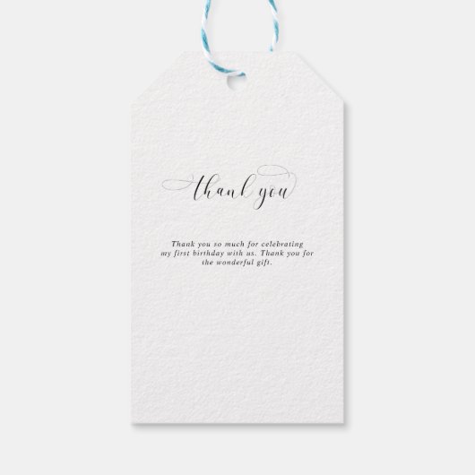 ベビーの最初の誕生日ありがとうエレガントスクリプトスワッシュ ギフトタグ (裏面)