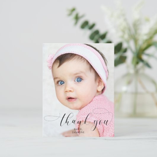 ベビーの最初の誕生日ありがとうエレガントスクリプトスワッシュ ポストカード (スタンド正面)