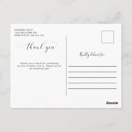 ベビーの最初の誕生日ありがとうエレガントスクリプトスワッシュ ポストカード (裏面)