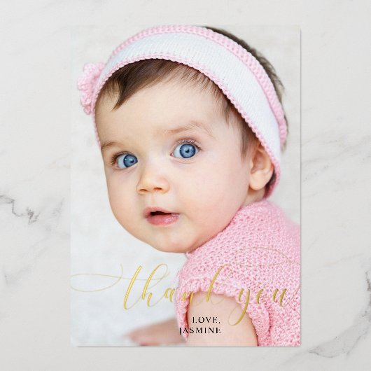 ベビーの最初の誕生日ありがとうエレガントスクリプトスワッシュ 箔シーズンカード (正面)