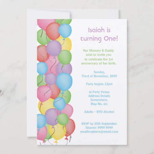 ベビーの最初の誕生日パーティーバルーンカスタム招待状 招待状 (裏面)