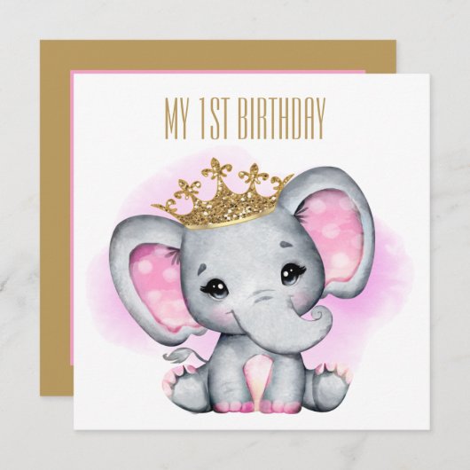 ベビーの最初の誕生日プリンセスゾウ 招待状 (正面/裏面)