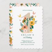 ベビーの最初の誕生日春花模様蝶 招待状 (正面/裏面)