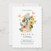 ベビーの最初の誕生日春花模様蝶 招待状 (正面)