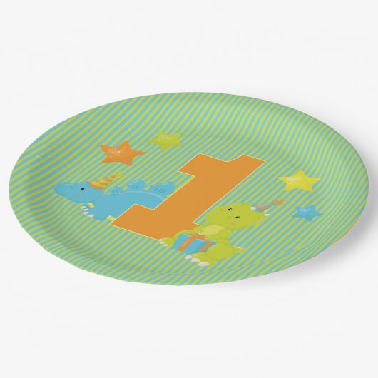 ベビーの最初誕生日-ベビーの恐竜のパーティー ペーパープレート (アングル)