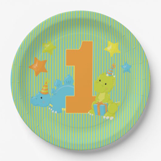 ベビーの最初誕生日-ベビーの恐竜のパーティー ペーパープレート (正面)