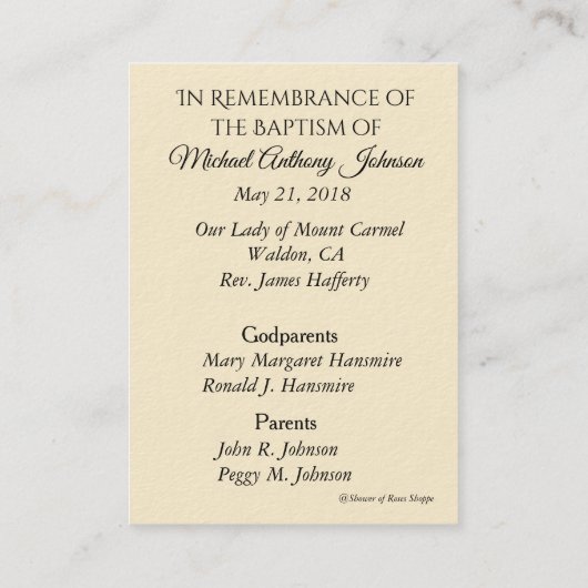 ベビーの洗礼記憶の天使の祈りの言葉の神聖なカード 名刺 (裏面)