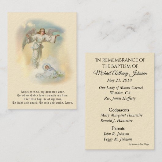 ベビーの洗礼記憶の天使の祈りの言葉の神聖なカード 名刺 (正面/裏面)