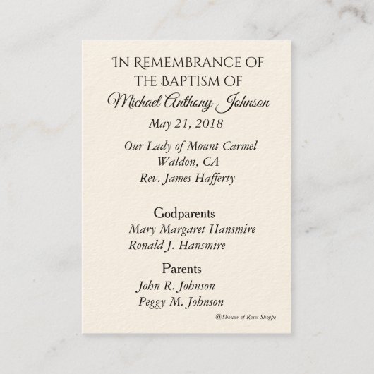 ベビーの洗礼記憶の天使の祈りの言葉の神聖なカード 名刺 (裏面)