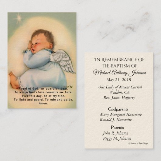 ベビーの洗礼記憶の天使の祈りの言葉の神聖なカード 名刺 (正面/裏面)