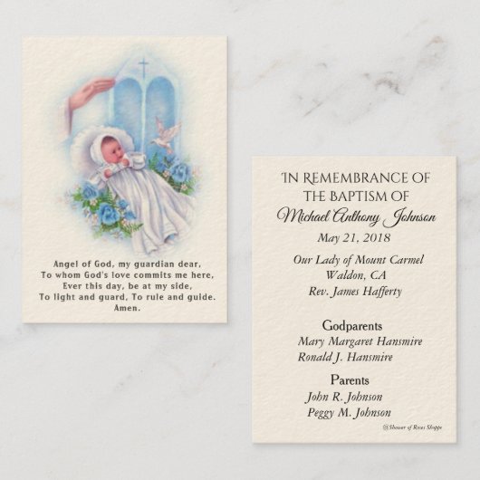 ベビーの洗礼記憶の天使の祈りの言葉の神聖なカード 名刺 (正面/裏面)