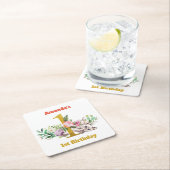 ベビーの猫と花の誕生日 スクエアペーパーコースター (インサイチュ)