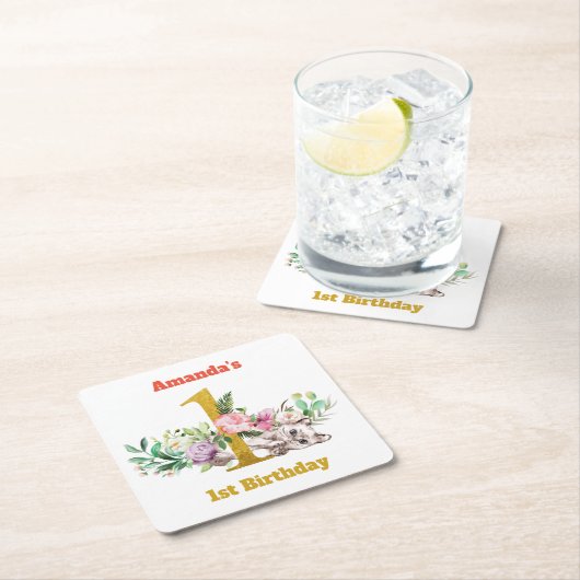 ベビーの猫と花の誕生日 スクエアペーパーコースター (インサイチュ)