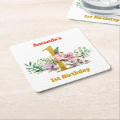 ベビーの猫と花の誕生日 スクエアペーパーコースター (アングル)