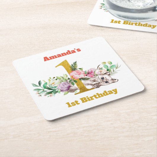 ベビーの猫と花の誕生日 スクエアペーパーコースター (アングル)